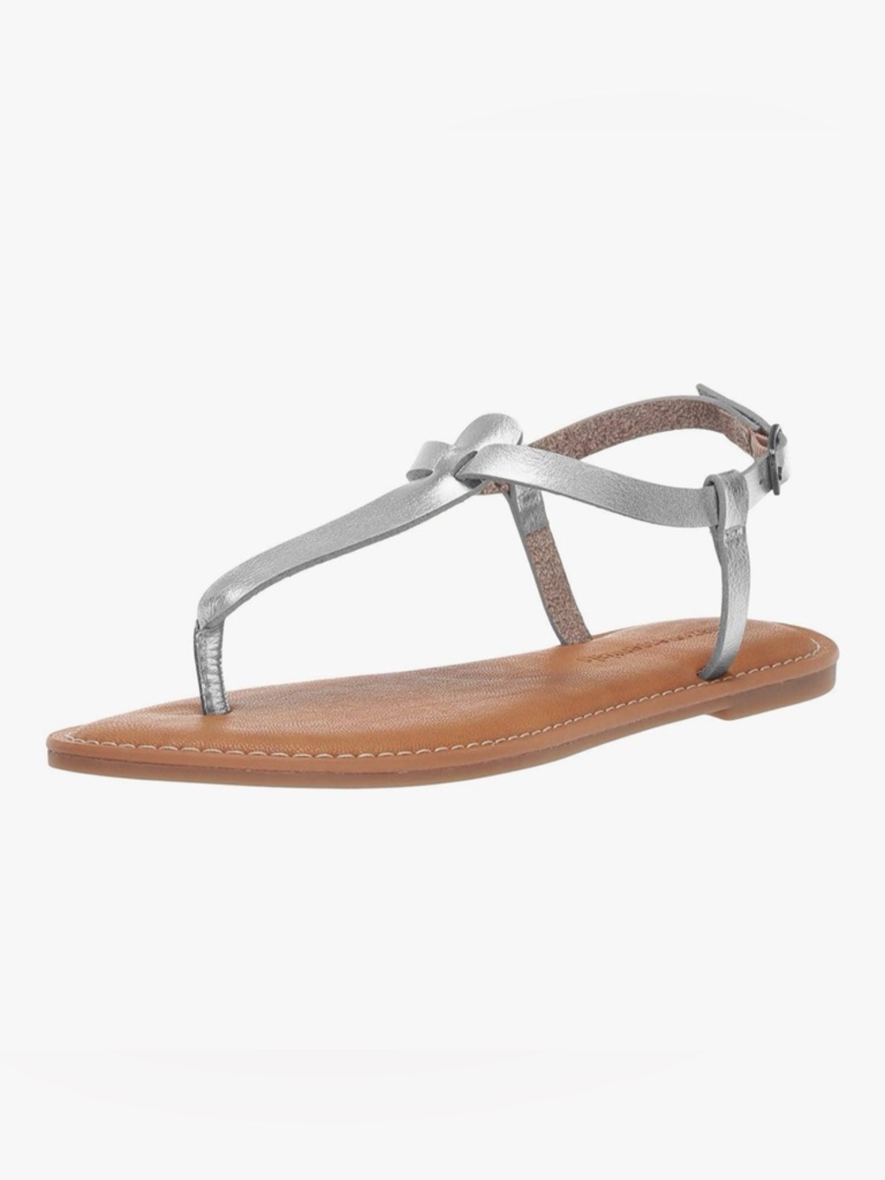 Amazon Essentials Silver Metallic T-Strap Sandal with Tan Footbed